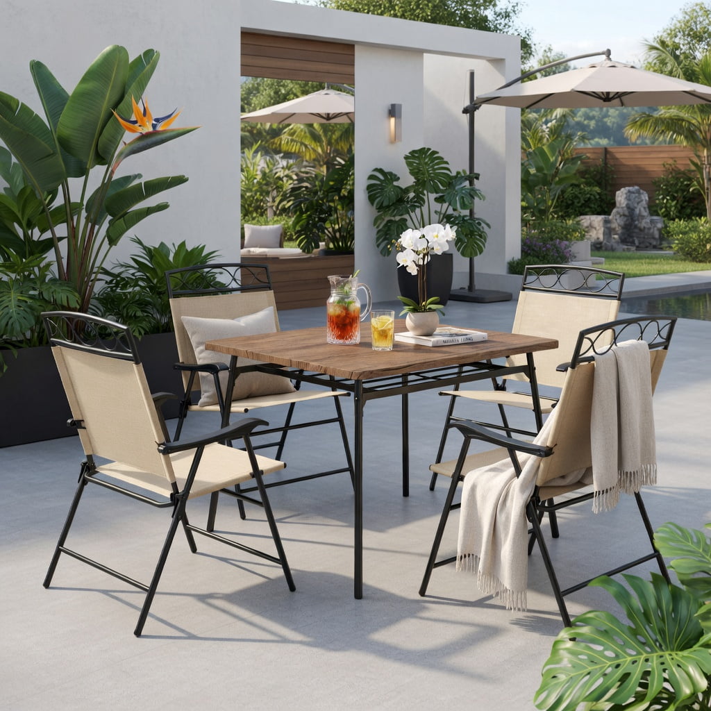Hommoo 4-Pack Folding Patio Chairs with Armrests, Heavy-Duty Outdoor Dining Chairs, Ergonomic 105° Backrest, Beige