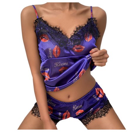 

Dadaria 2 Piece Outfits for Women Shorts Set Classy Heart shaped Print Contrast Lace Sling Set Purple M Female