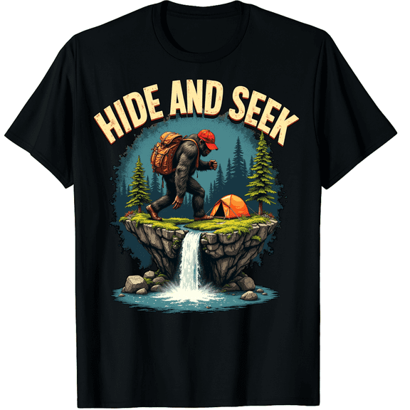 Funny Bigfoot Hide and Seek Champion Graphic Black T-Shirt for Men and Women