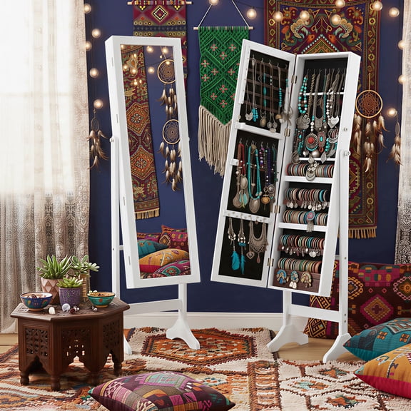 47.3'' Jewelry Armoire with Mirror, Freestanding Jewelry Cabinet with Lockable Design for Makeup Organize, White