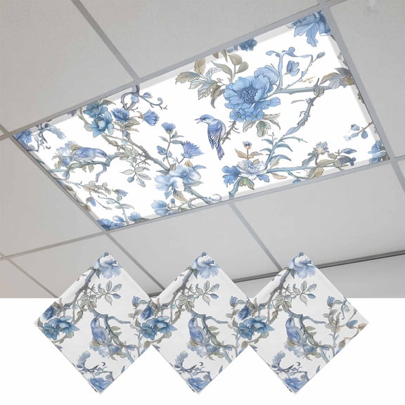Blue Floral Birds Fluorescent Light Covers, Farmhouse Flowers Pastoral Magnetic Light Covers for Ceiling Lights, Fluorescent Ceiling Shade Filters for Classroom Bedroom Office 4x2Ft x 3PCS