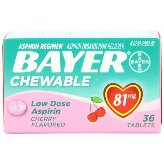 Bayer Chewable Low Dose Baby Aspirin Cherry Tablets 81 mg, 36 Count, 2 Pack