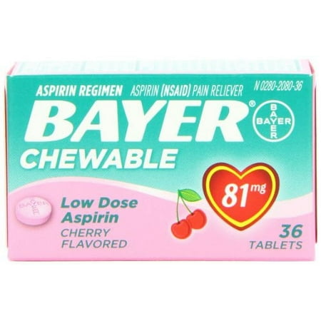 Bayer Chewable Low Dose Baby Aspirin Cherry 81 Mg, 36 Count, 3 Pack