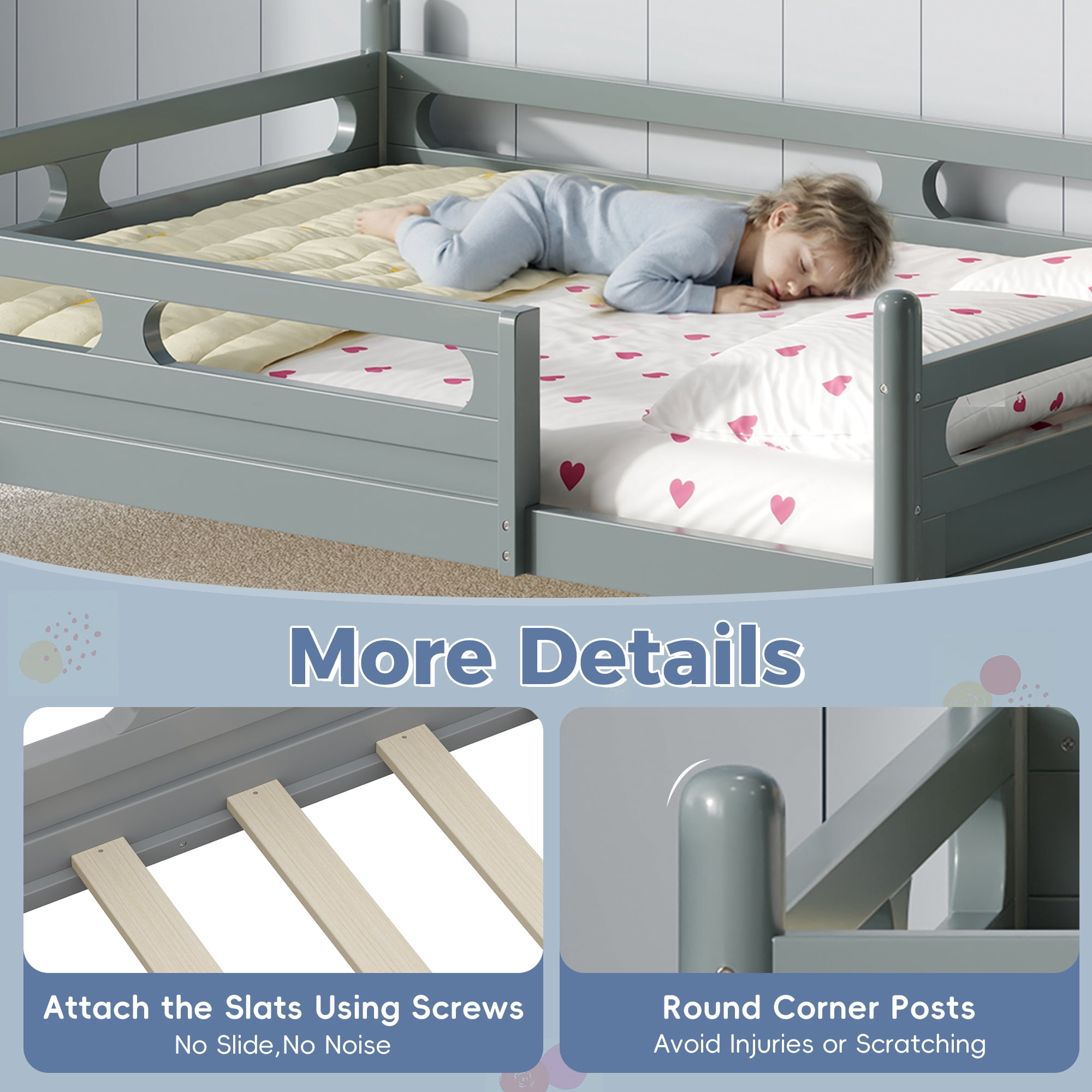 Euroco Wood Full Size Platform Bed, Low Profile Bed with Guardrails and Slats Support, Grey