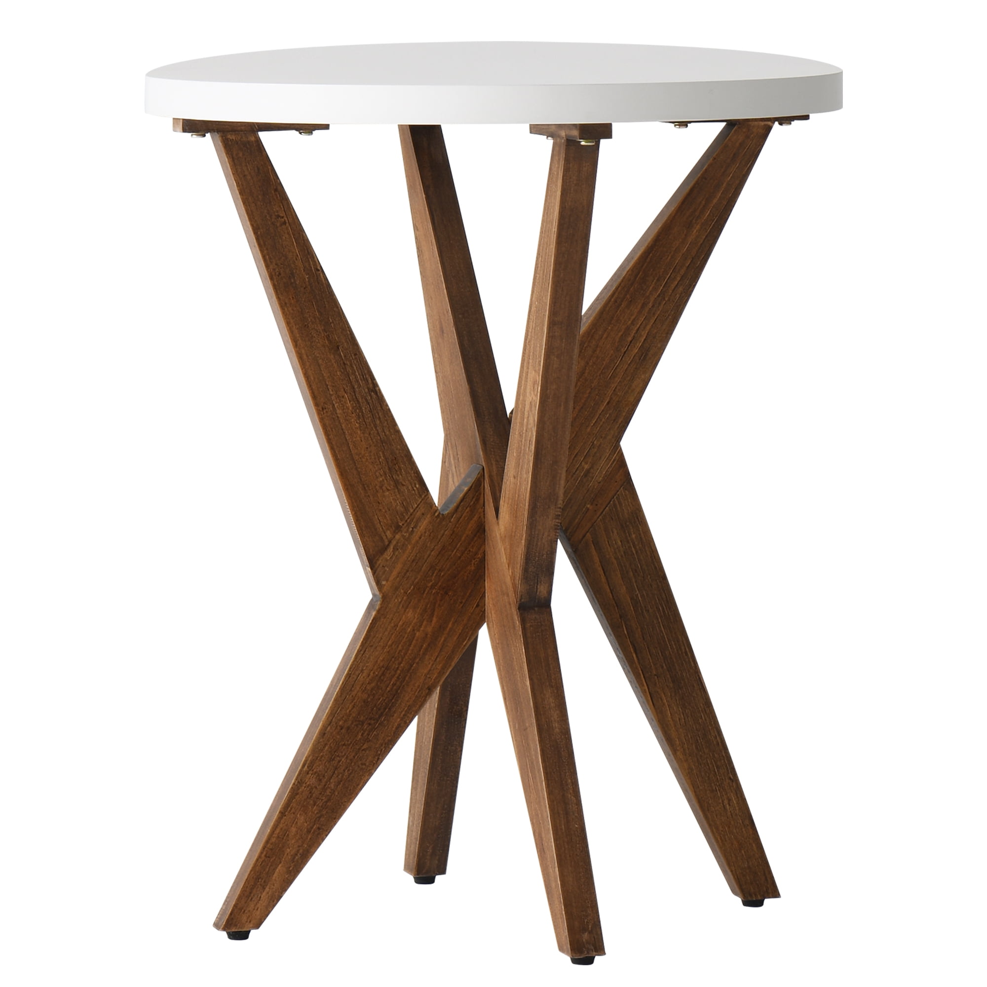 Round End Table 24'' High Side Table with White Top & Cross Legs, Mid Century Modern Accent Bedside Table for Living Room, Balcony, Bedroom or Small Spaces, White Walnut