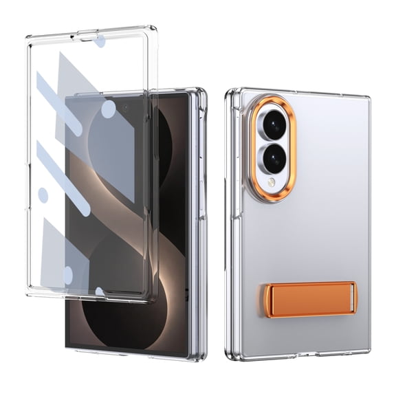 Stylish Transparent Protective Case for Samsung Galaxy Z Fold8, Luxury Hard PC Kickstand Front Screen Protector Shock‑Resistant Wireless Charging Anti-drop Phone Cover, Orange