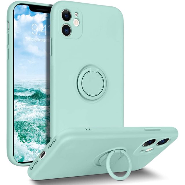 iPhone 11 Case, AmPm Liquid Silicone Soft Gel Rubber Slim Cover with Ring Kickstand |Car Mount Function,Shock Absorption Full Protective Anti-Scratch Case for iPhone 11, Light Green