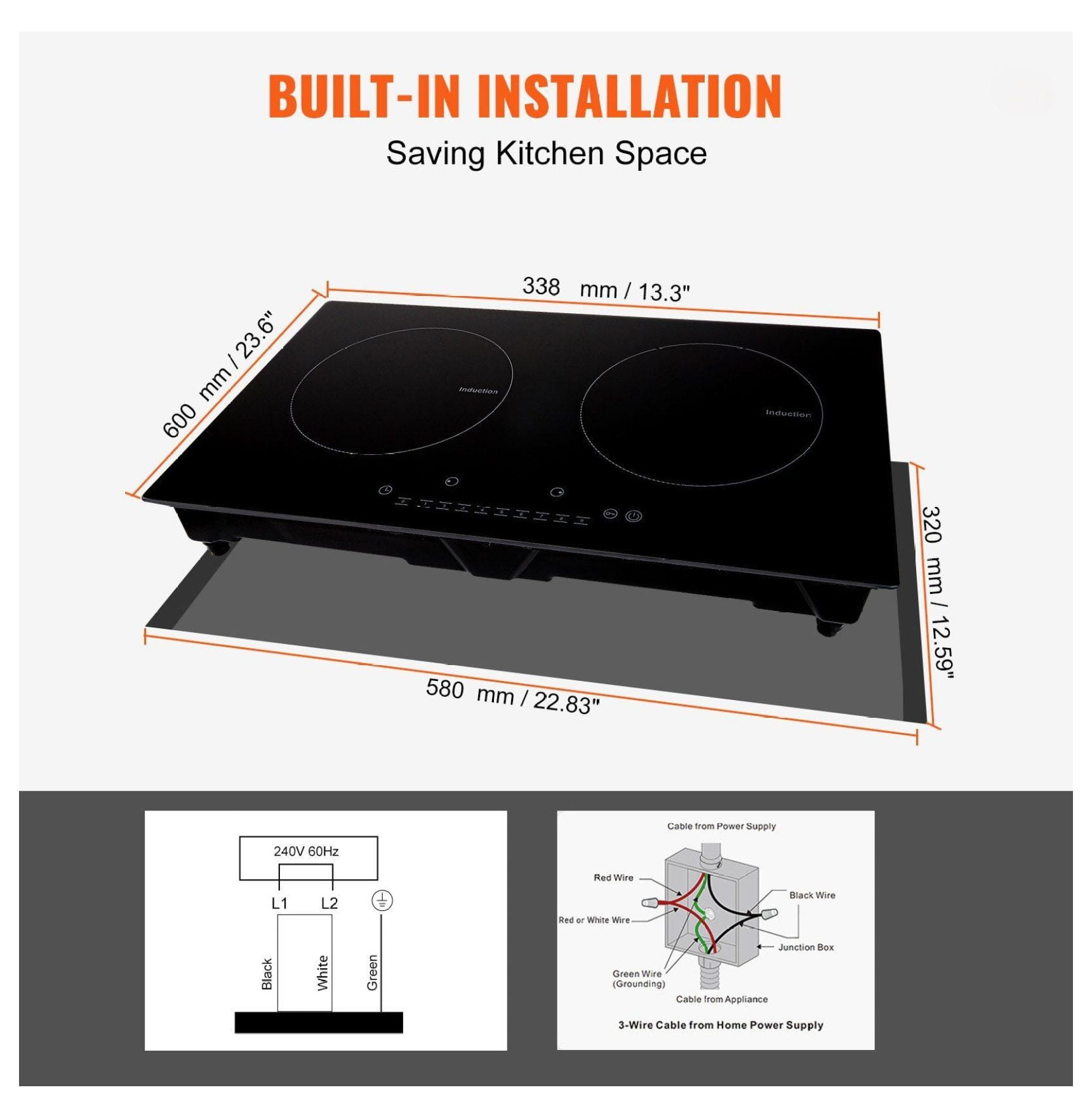 Electric Cooktop 2 Burner, 24'' Induction Stove Top Built-in, 1800W Magnetic Cooktop, 9 Heat Levels, LED Touch Control, Child Lock & Overheat Protection