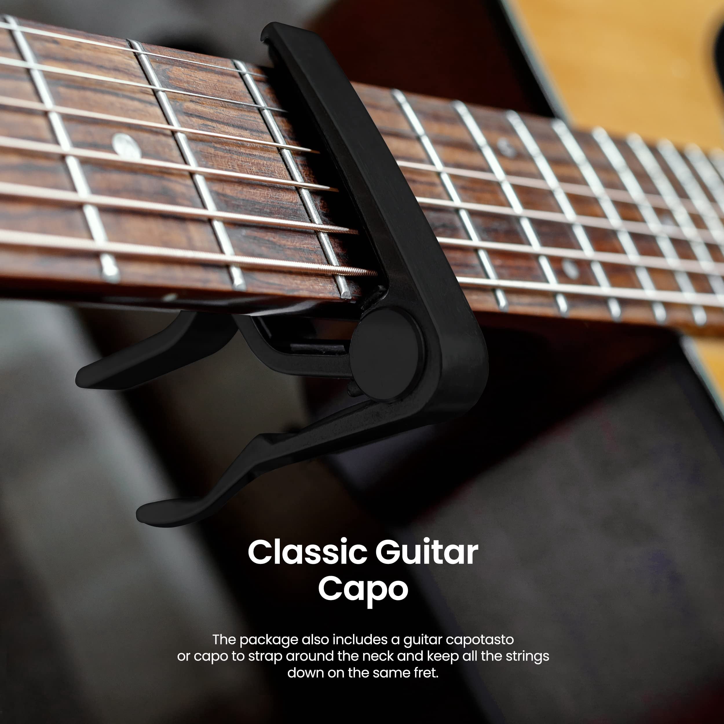 Pyle Classic Guitar Accessory Kit - Full Set of Replacement Nylon Strings, Plastic Capo, Digital Electronic Metronome, and Cleaning Cloth