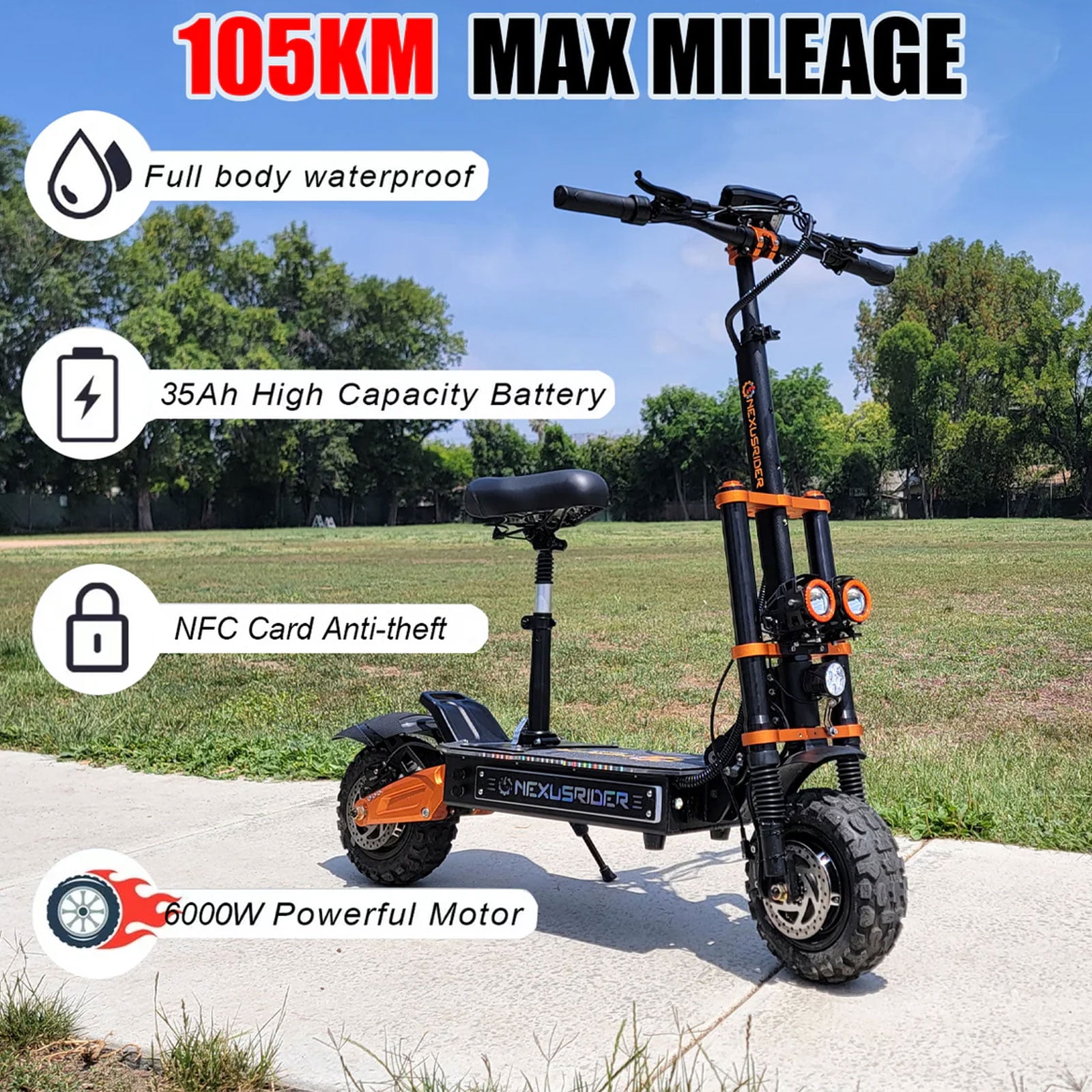 Adults Electric Scooter 6000W Dual Motor Up to 58 mph, 60 Miles Range, 60V35Ah Battery, C-Type Dual Suspensions 11" All Terrain Tires Adjustable Handlebar, NFC and Detached Seat, Foldable, Sport