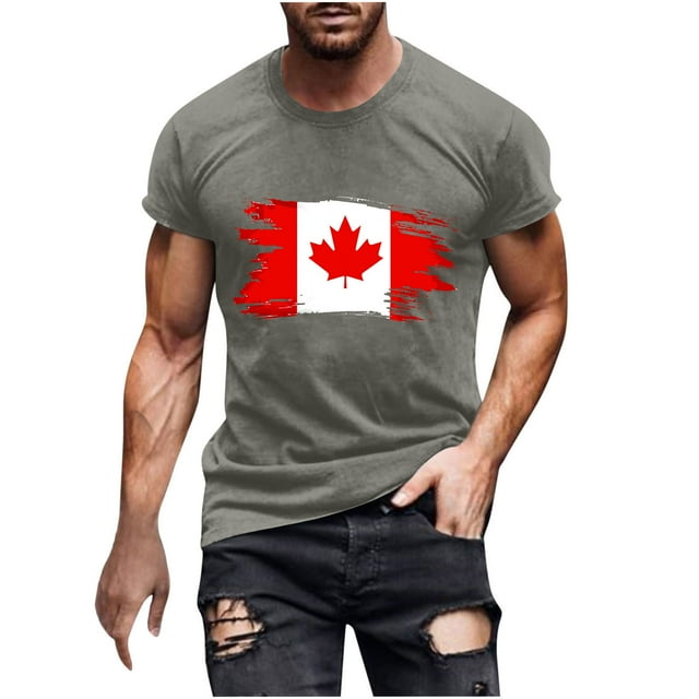 Pisexur T Shirts for Man , T-Shirt à Manches Courtes Col Rond Imprimé Drapeau Canadien pour Hommes - Gris Foncé, L Chemises de Golf Hommes & Chemises Hommes