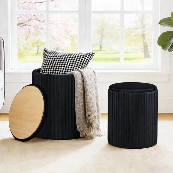 Simenmax 2-Pack Velvet Storage Ottomans – Round Vanity Stool & Foot Rest Set with Hidden Compartment, Space-Saving Nesting Design, Black