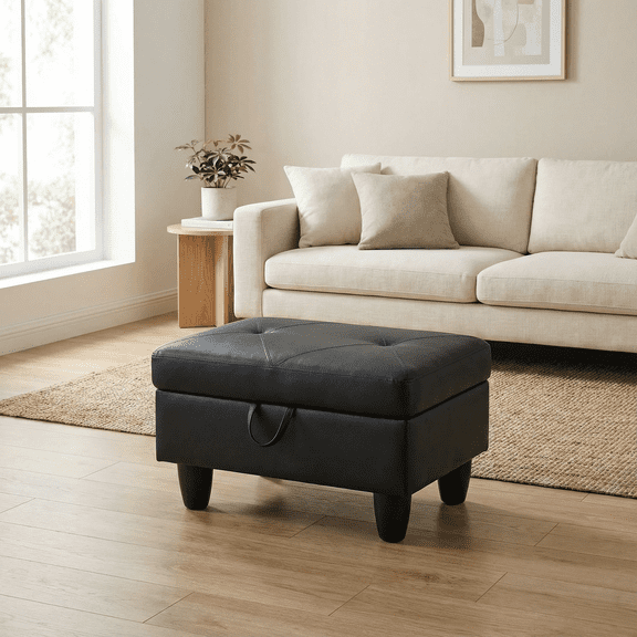 Classic Button-Tufted Black Faux Leather 28-Inch Rectangular Storage Ottoman for Entryway, Living Room & Bedroom, 1-Pack