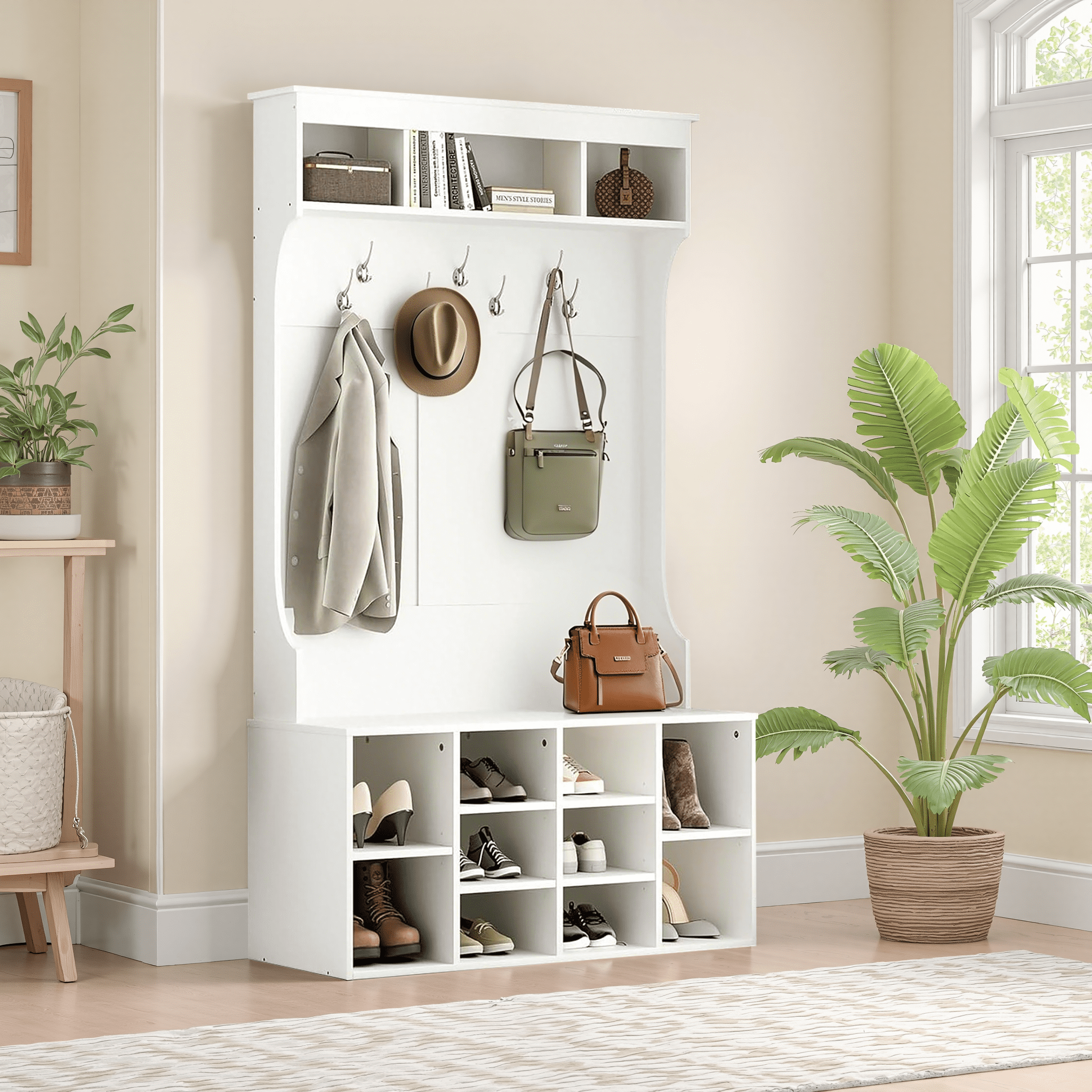 MAYEERTY White 71" Hall Tree with Shoe Storage, 7 Hooks , Freestanding, Adjustable Bench for Mudroom