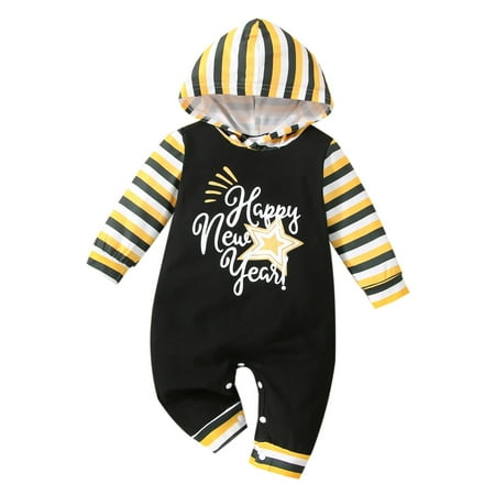 

ZHAGHMIN Christmas Baby Boy Outfits My First New Year Clothes Baby Boy Girl New Year Outfits Stripes Letter Print Hooded Romper Jumpsuit Outfits Baby Suits One Outfit Baby Boy Little Baby Clothes Ro
