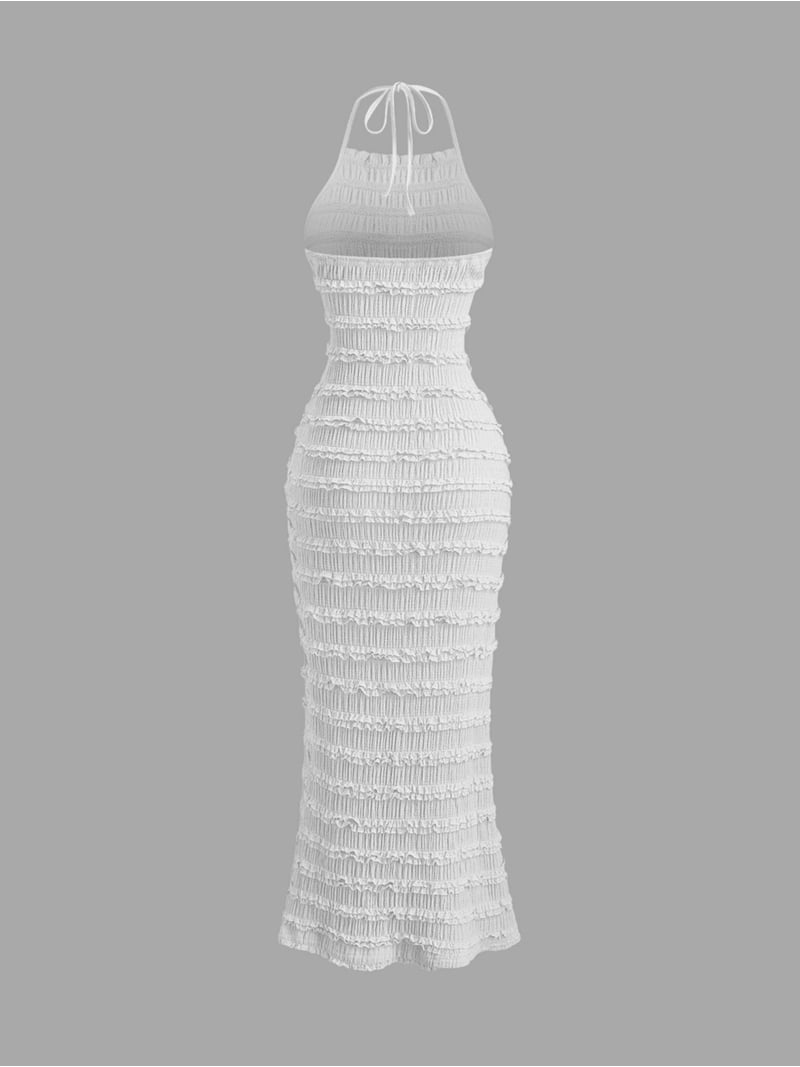 White Womens Ruched Halter Neck Maxi Dress, Romantic Resort Style For Spring Summer
