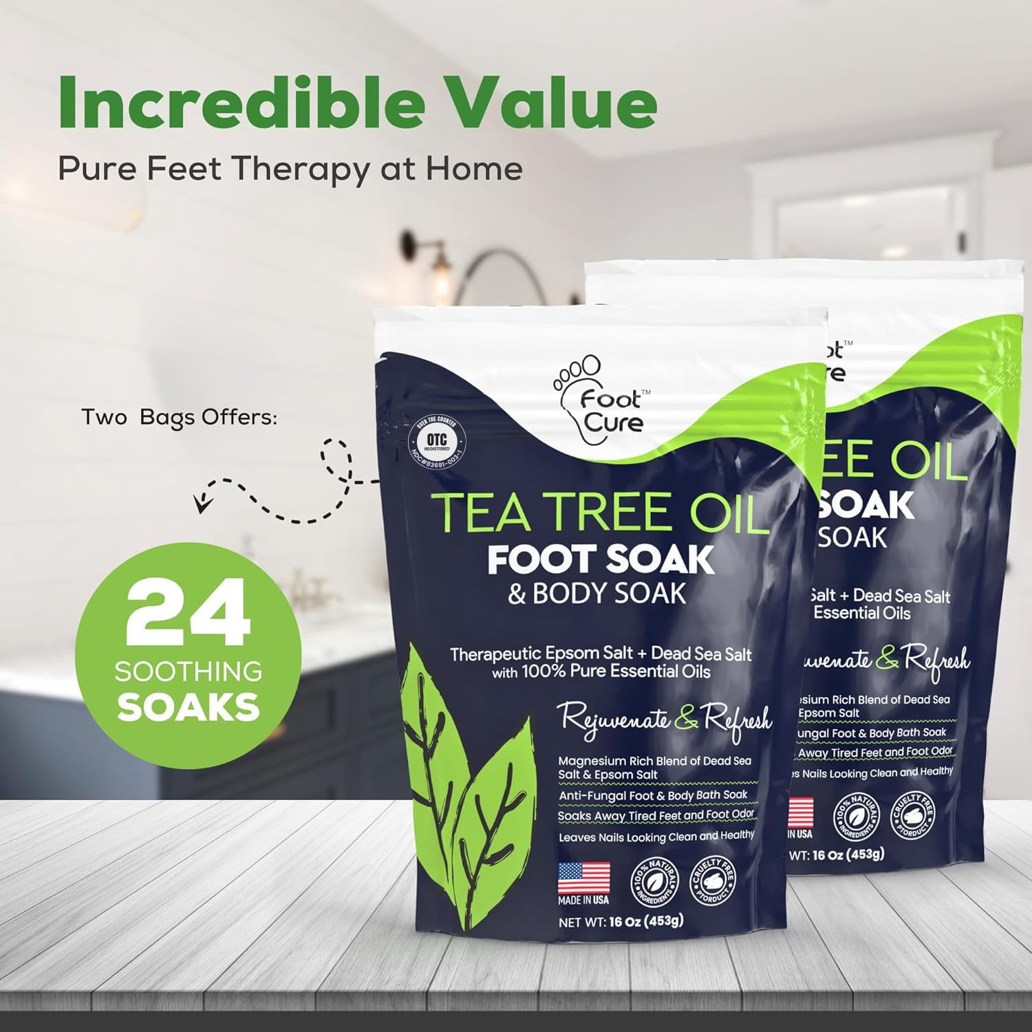 Foot Cure Tea Tree Oil Foot Soak with Epsom Salt for Toenail Fungus, Athlete's Foot, Callus Softening, Foot Odor Scent - 2Pack