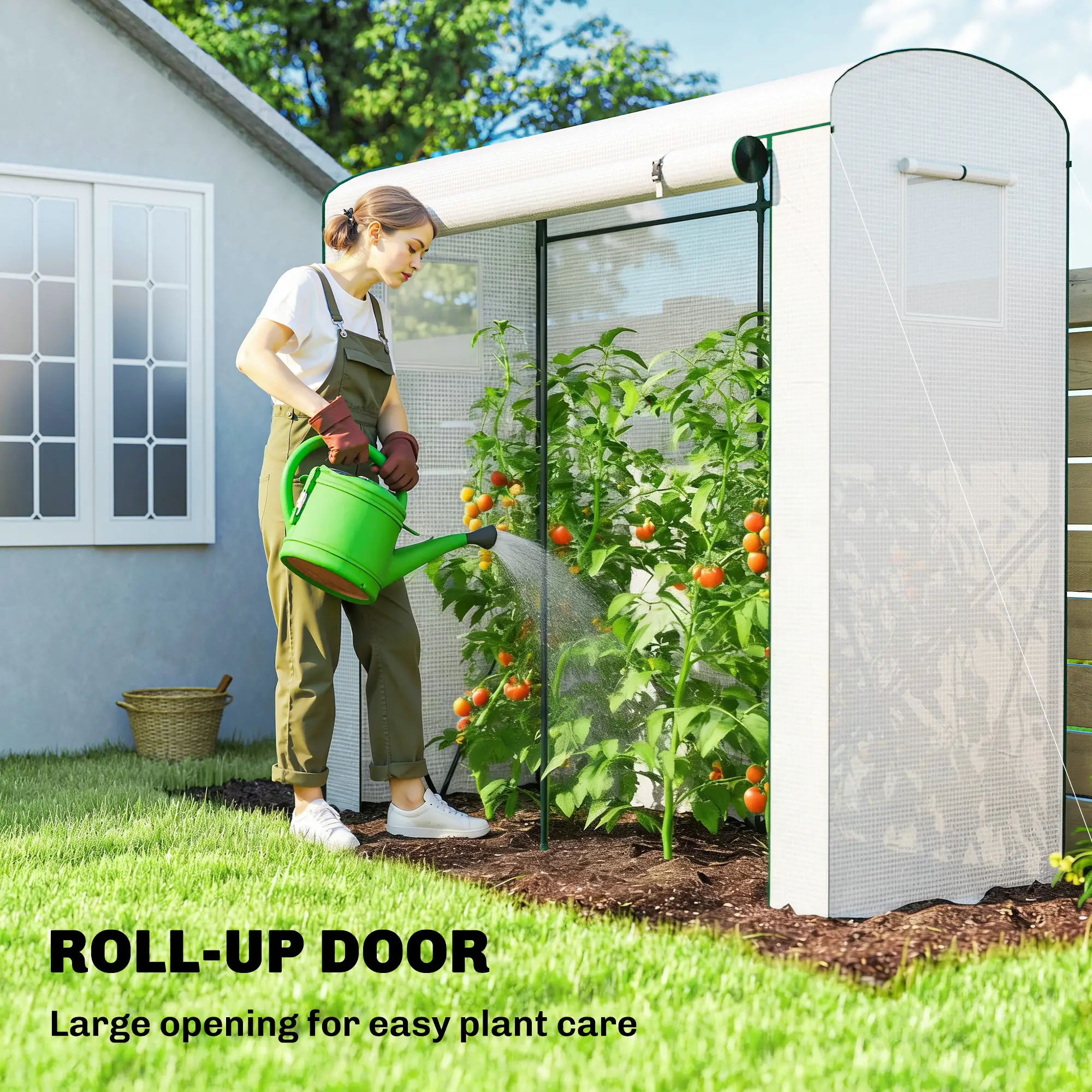 Green Large Outdoor Greenhouse with 140gsm PE Cover, Roll-Up Door & Mesh Windows, Powder-Coated Steel Frame, Windproof Level 4