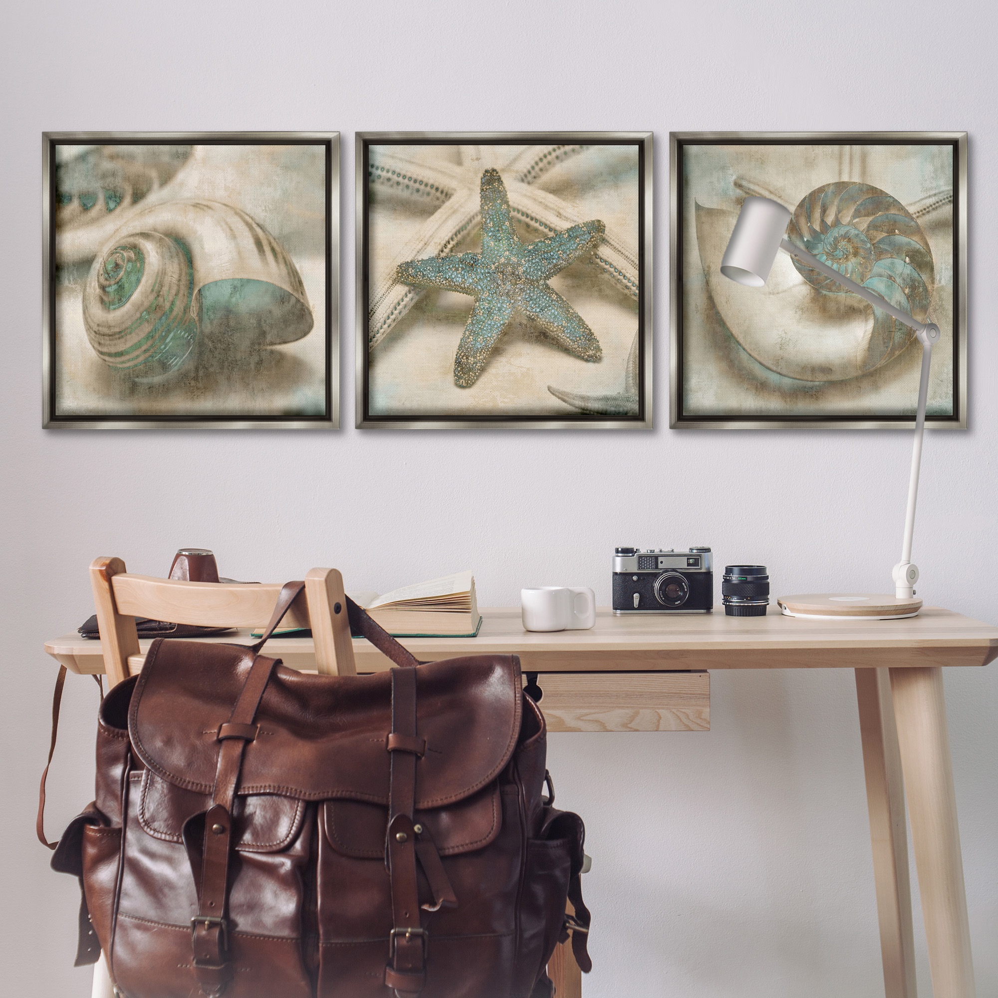 Stupell Industries Starfish & Sea Shells Distressed Nature Painting Gray Floater Framed Canvas Art Print Wall Art, 25 x 25, Set of 3