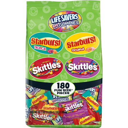 SKITTLES, STARBURST, and LIFESAVERS Gummies Halloween Candy Bag, 180 Fun Size Pieces, 68.7 Ounce