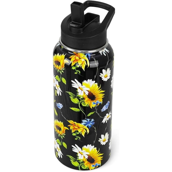 Sunflowers Water Bottle with Straws Double Walled Vacuum Insulated Sports Bottle Sunflowers Travel Thermal Cup Leak Proof Stainless Steel Tumbler Sunflowers Decor Gifts-32 OZ