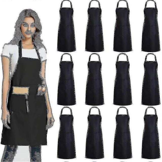 Evago 12 Pack Plain Bib Aprons With 2 Pockets - Black Unisex Commercial Apron Bulk