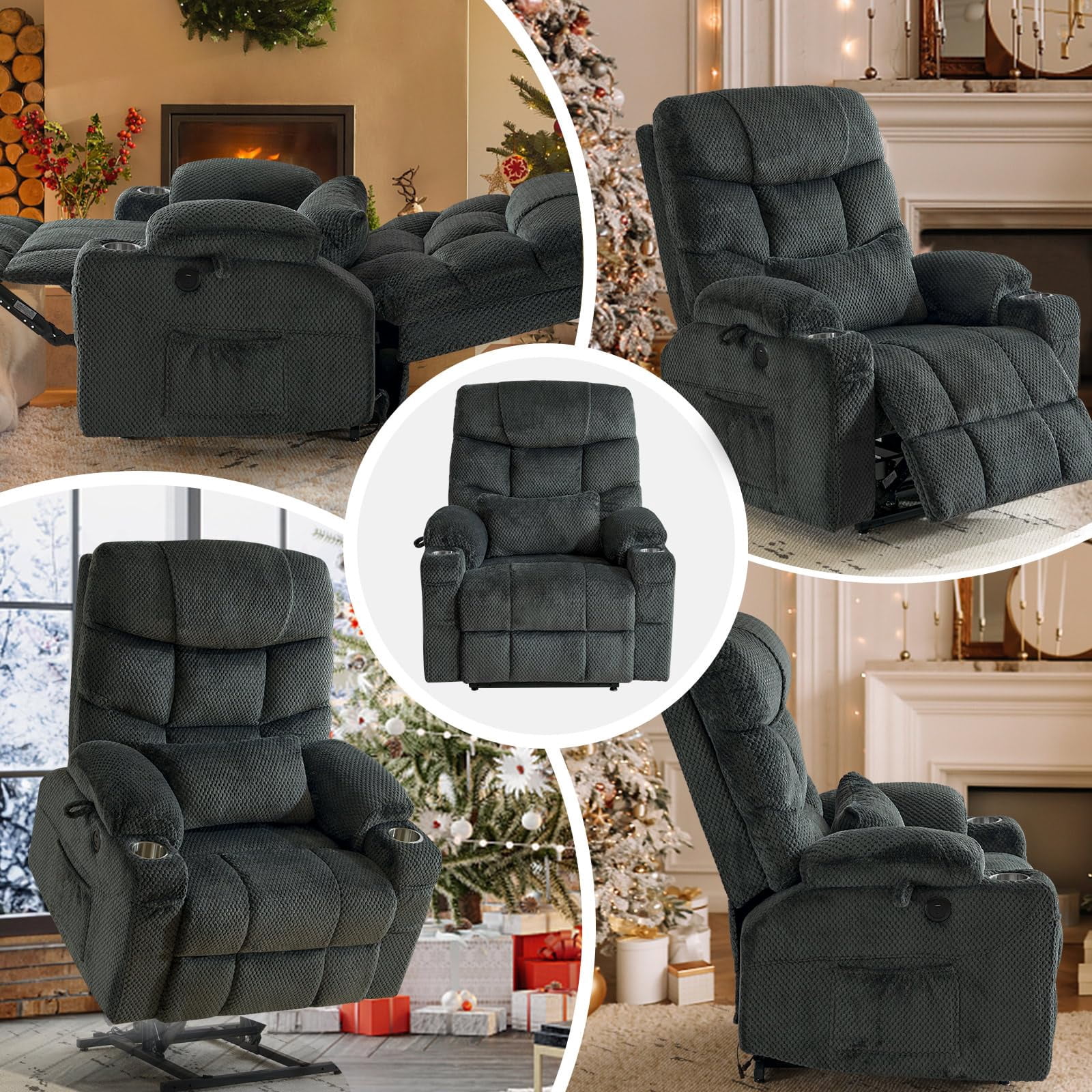 JULY'S SONG Dual Motor Lay Flat Power Lift Recliner Chair with Heat and Massage, USB & Type-C Ports, Large Recliners for Living Room, Oversized Recliner for Adults & Elderly - Grey