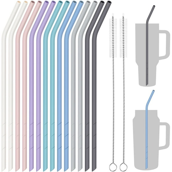 NiHome 14PCS Silicone Straws Fits for Stanley 40oz 30oz Tumbler, 14" Extra Long Reusable Drinking Straw,Straws Can Cut Length for 1/Half Gallon 64OZ Large Water Bottle-2 Cleaning Brushes(Macaron)