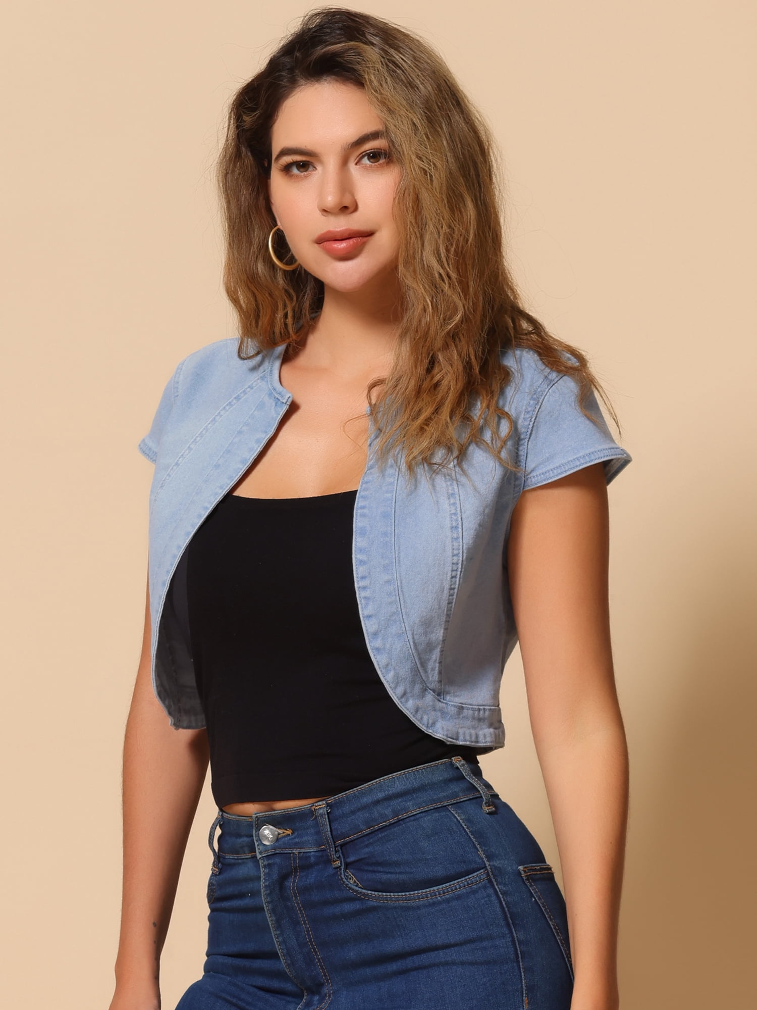 DARING DIVA Women's Crop Denim Cardigan Cap Sleeve Jean Jacket L Sky Blue