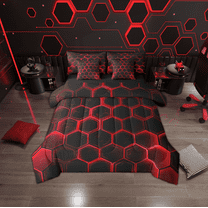 Erosebridal Red Gradient Hexagon Bedding Sets Twin Size, Geometry Honeycomb Comforter Sets with Sheets, Black Room Decor, Reversible 7-Piece