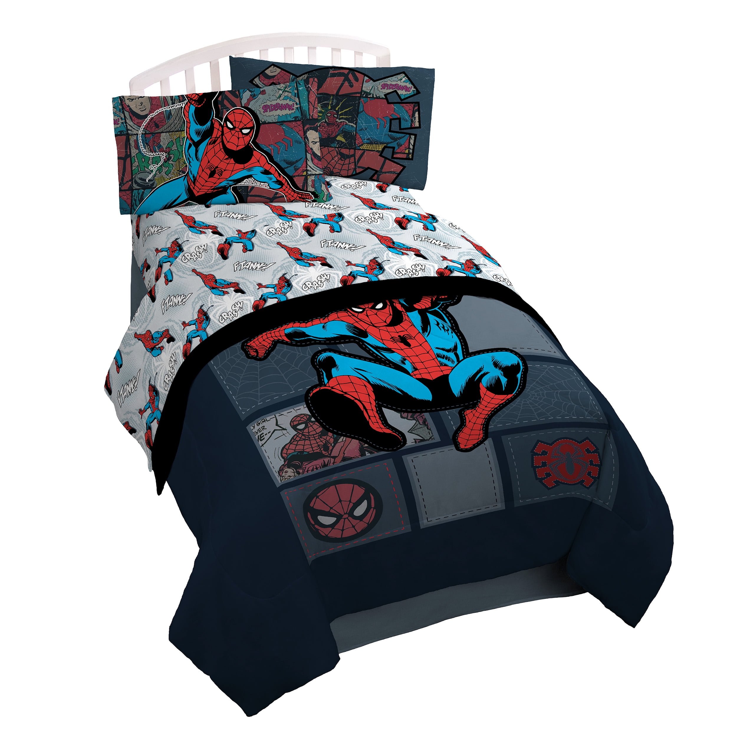 Spider-Man Blue Cartoon Characters Polyester Sheet Sets, Toddler Bed,  Reversible, 3 Pieces 