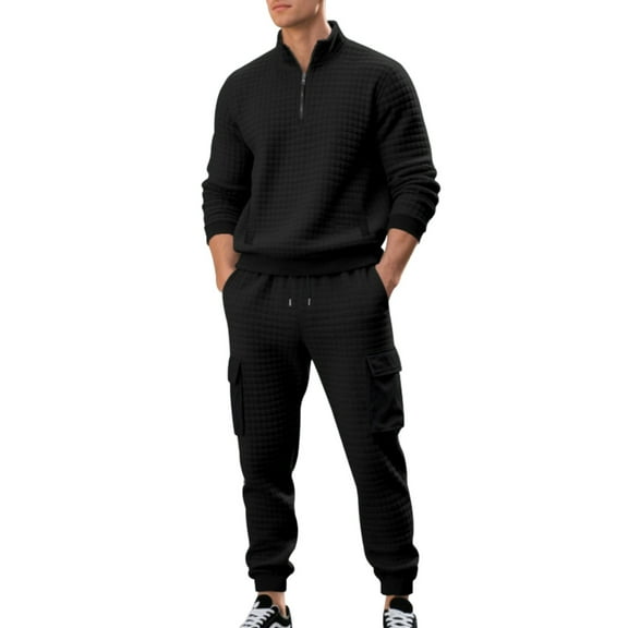 CharmCyan Mens Waffle Knit Two Piece Set Zipper Pullover Long Sleeve Top and Cargo Jogger Pants Casual Loungewear Outfit Set for Everyday Comfort Black L