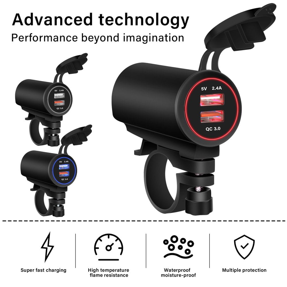 Motorcycle USB Charger 12 24V Dual Port USB Charger with USB and QC 3.0 Port Fast Charging USB Socket Power Outlet Waterproof Fast Charger Kit for