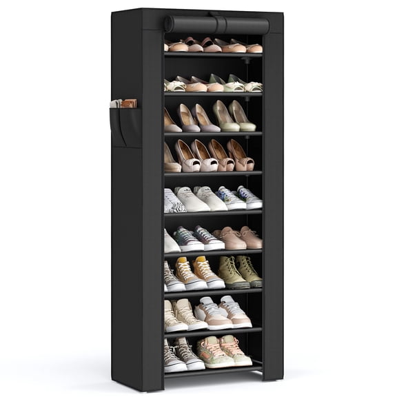 Black 10-Tier Shoe Rack with Cover, Shoe Storage Cabinet for 40-50 Pairs