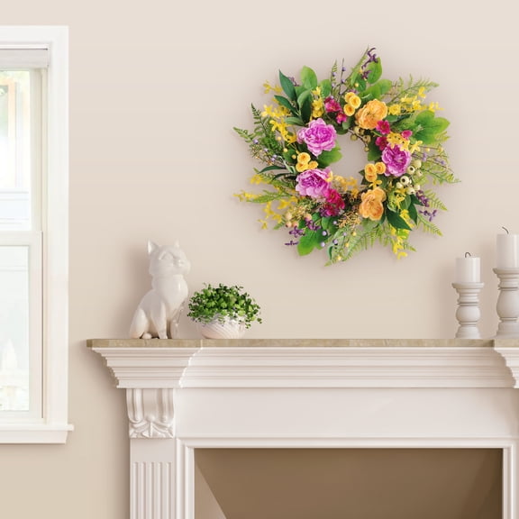 CC Christmas Decor Peony and Winter Jasmine Artificial Floral Spring Wreath - 24" - Green and Pink