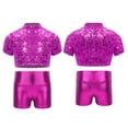 thumbnail image 5 of renvena Kids Girls Short Sleeves Sparkly Crop Top and Shiny Metallic Short for Cheerleading Performance Hot Pink 10, 5 of 7