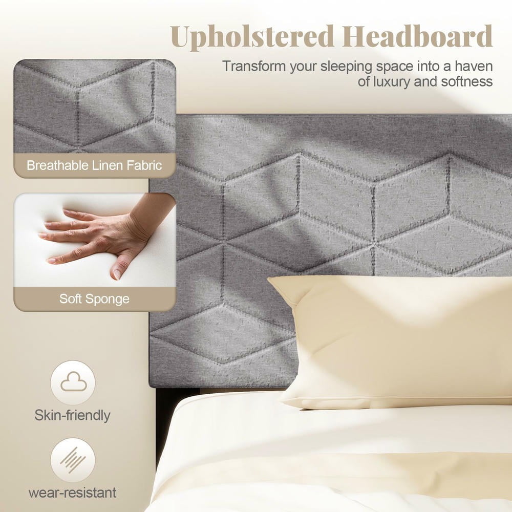 Barara King Twin Size Bedroom Bed Frame with Linen Fabric Upholstered Headboard, Bed Platform Frame for Apartment, Bedroom, Gray