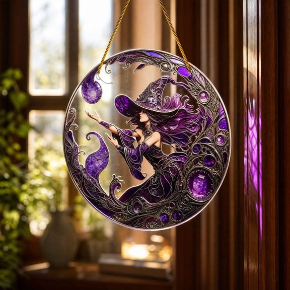 Cififendec Halloween Witch Hanging Ornament, Purple Acrylic Round Witch Moon Window Suncatcher for Window and Porch Halloween Display, 7.87"