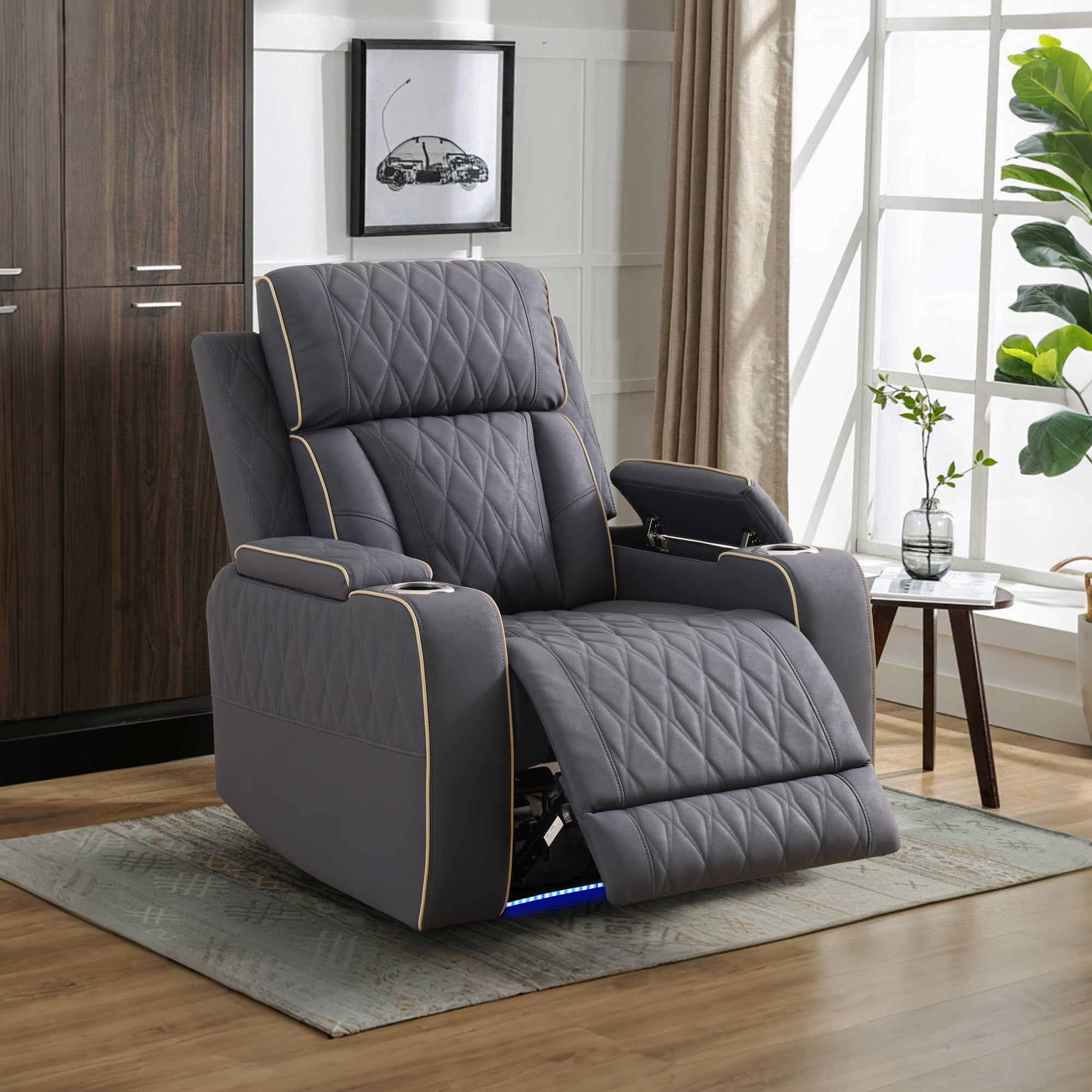 Gewnee Power Recliner Chair, Adjustable Reclining Lounge Chair with USB Ports, LED Lights & Cup Holders, Air Leather Upholstered Single Sofa Recliner for Living Room, Office, Bluish‑Grey