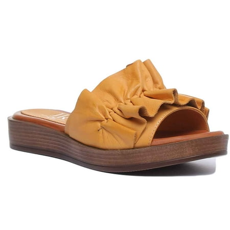 

JUSTINREESS Myra Women s Ruffle Soft Leather Sandal In Yellow Size 8