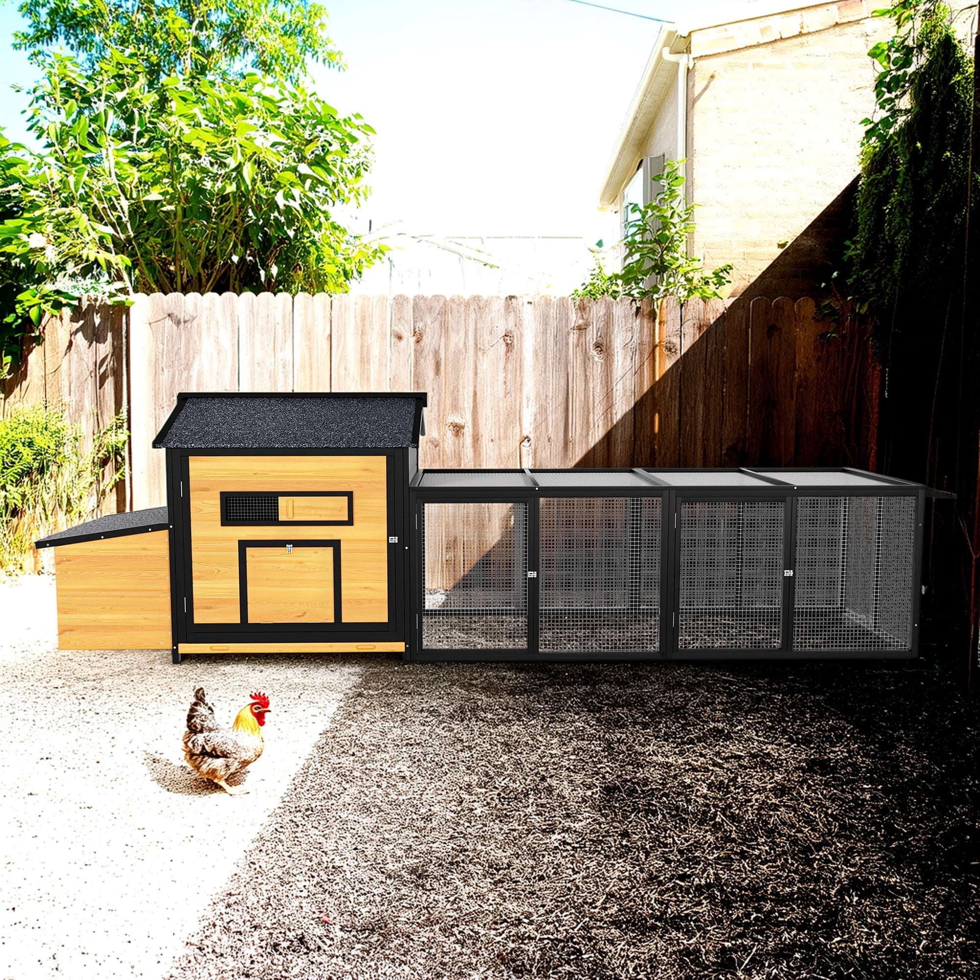 Pefilos 118" Outdoor Large Chicken Coop, Wooden Hen House with Pull-out Tray, Runs and Chicken Nesting Box Rabbit Hutch Bunny Cage, Yellow