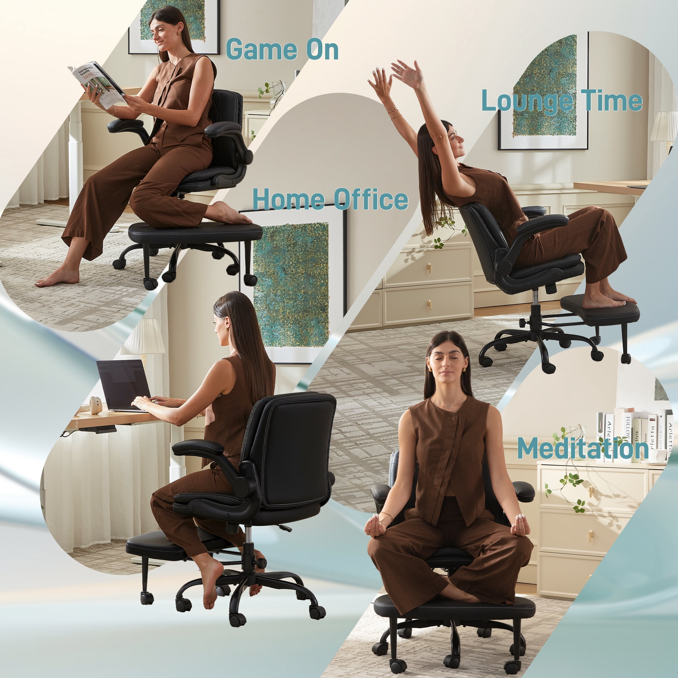 Dhole High Back Ergonomic Office Chair - Adjustable Swivel Chair with Lumbar Support, Flip-Up Arms, Retractable Footrest & Brown Diamond PU Leather for Home Office Desk-Black