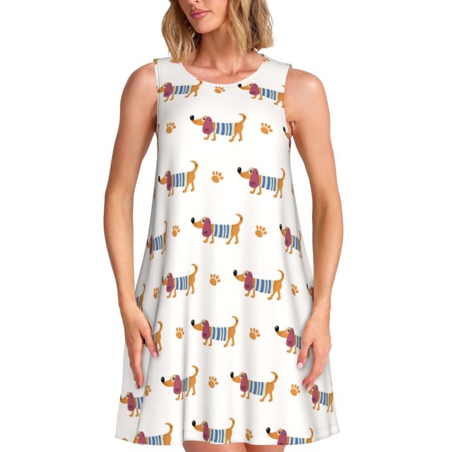 Lukts Teckel Chiot pour Femmes Robe Sans Manches, Robe d'Été à Col Rond avec Poches, Adaptée à la Vie Quotidienne, Plage, Fête