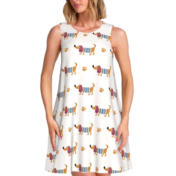 Fotbe Dachshund Dog Puppy Vestido de Verano sin Mangas para Mujer – Vestido Midi Línea A, Estilo Camiseta Floral, Vestido Playero Casual y Fluido