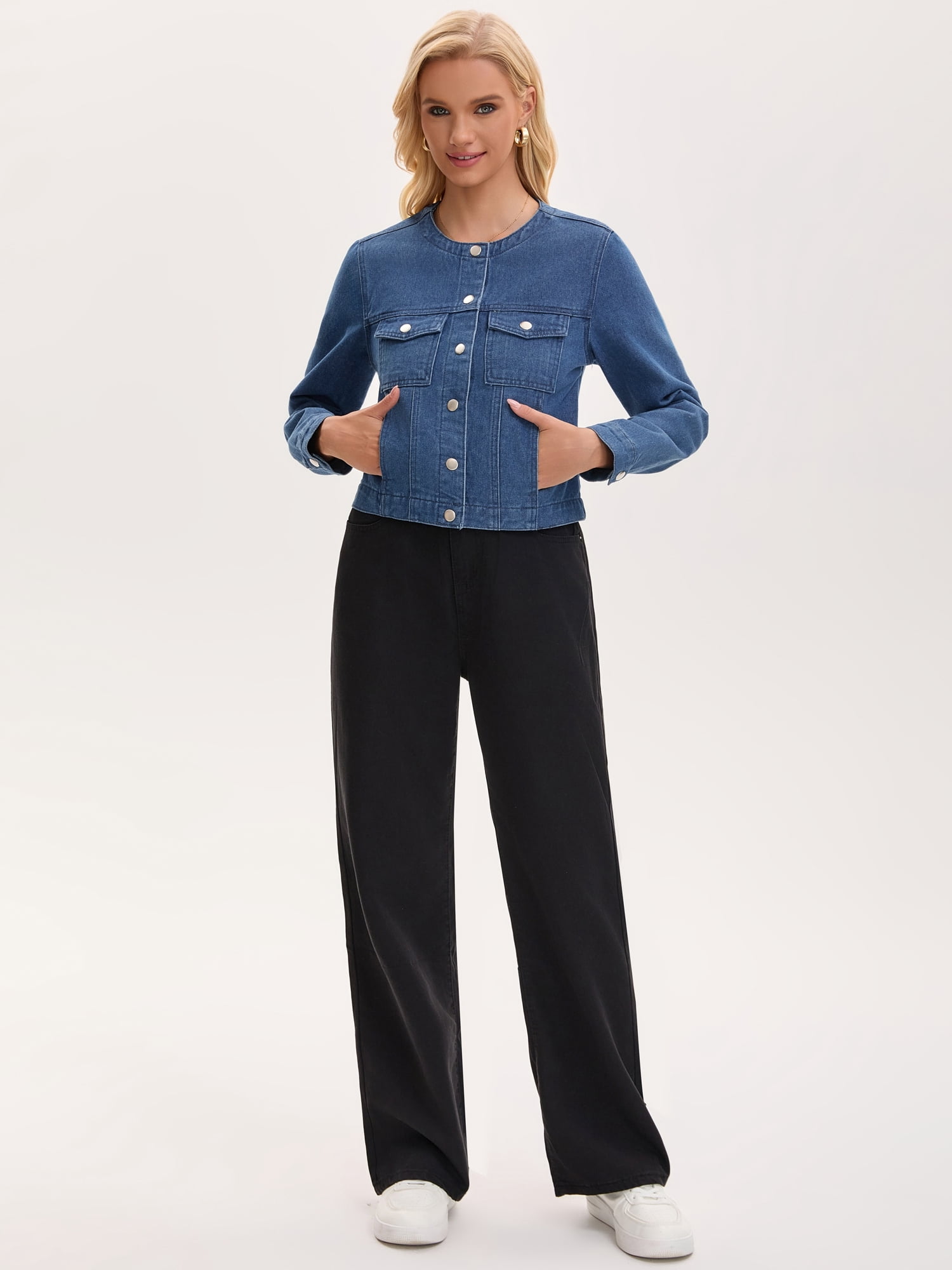 DARING DIVA Women's Collarless Long Sleeve Button Down Casual Denim Jacket XL Blue