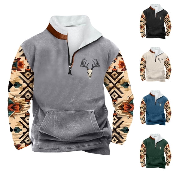 CFLVAEK Aztec Sweatshirts for Men Big and Tall Half Zip Sweatshirt Vintage Long Sleeve Pullover Tops with Pockets Black XL