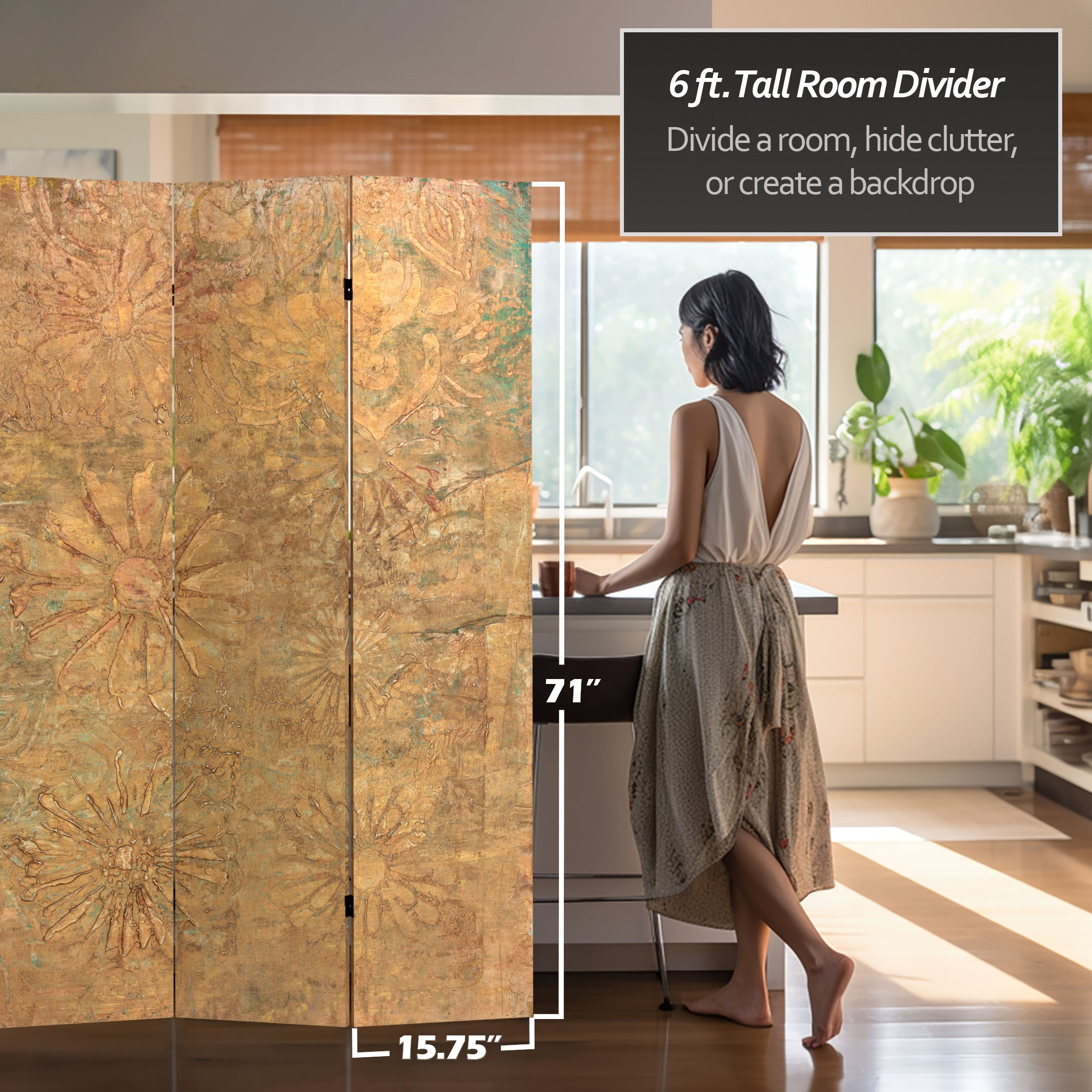 6 ft. Tall Double Sided Brass Blossoms Canvas Room Divider