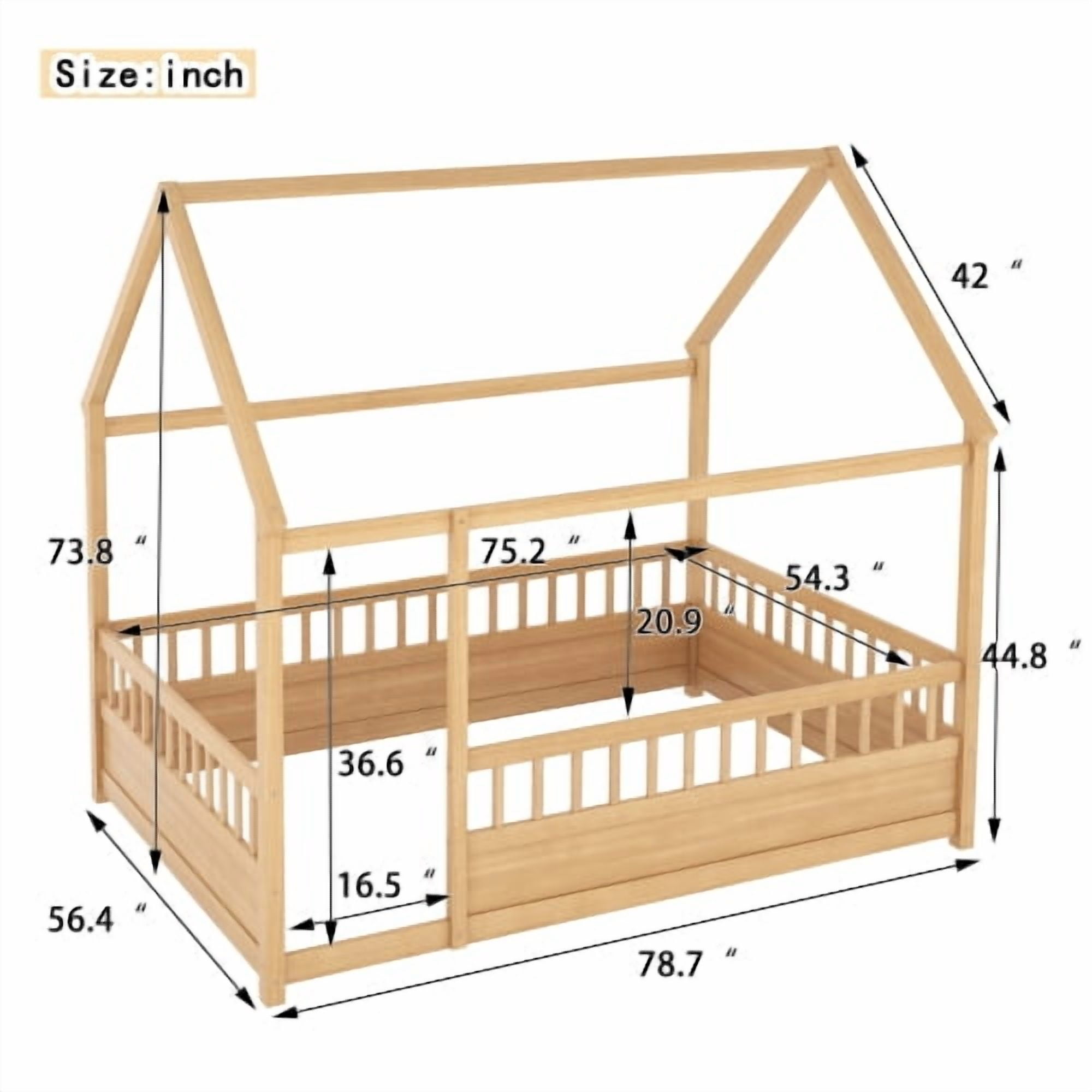 Bellemave Full Size Floor Bed, Wood Full House Bed with High Fence, Safe Playhouse Montessori Floor Bed, Natural