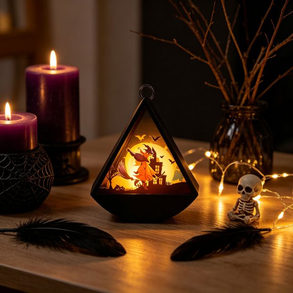Aoznliie Halloween Night Light, Witch Skull Ghost Desktop Ornament with Soft Glow, 5 inch Spooky Tabletop Decor for Party Home