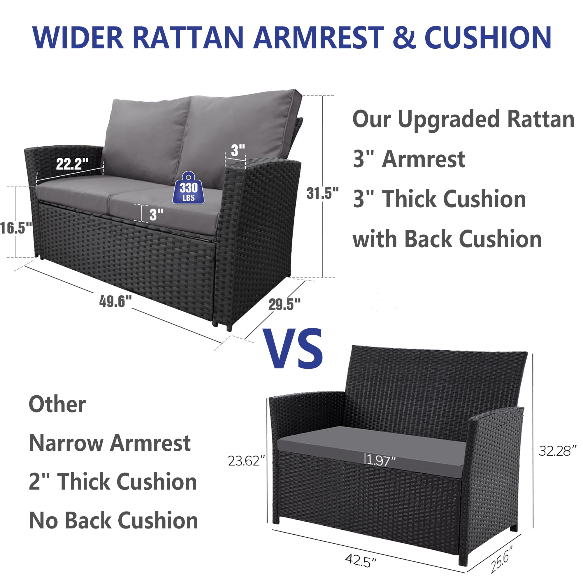 Ainfox 4-Piece Gray Outdoor Wicker Patio Furniture Set, Rattan Sectional Sofa with Cushions & Glass Table